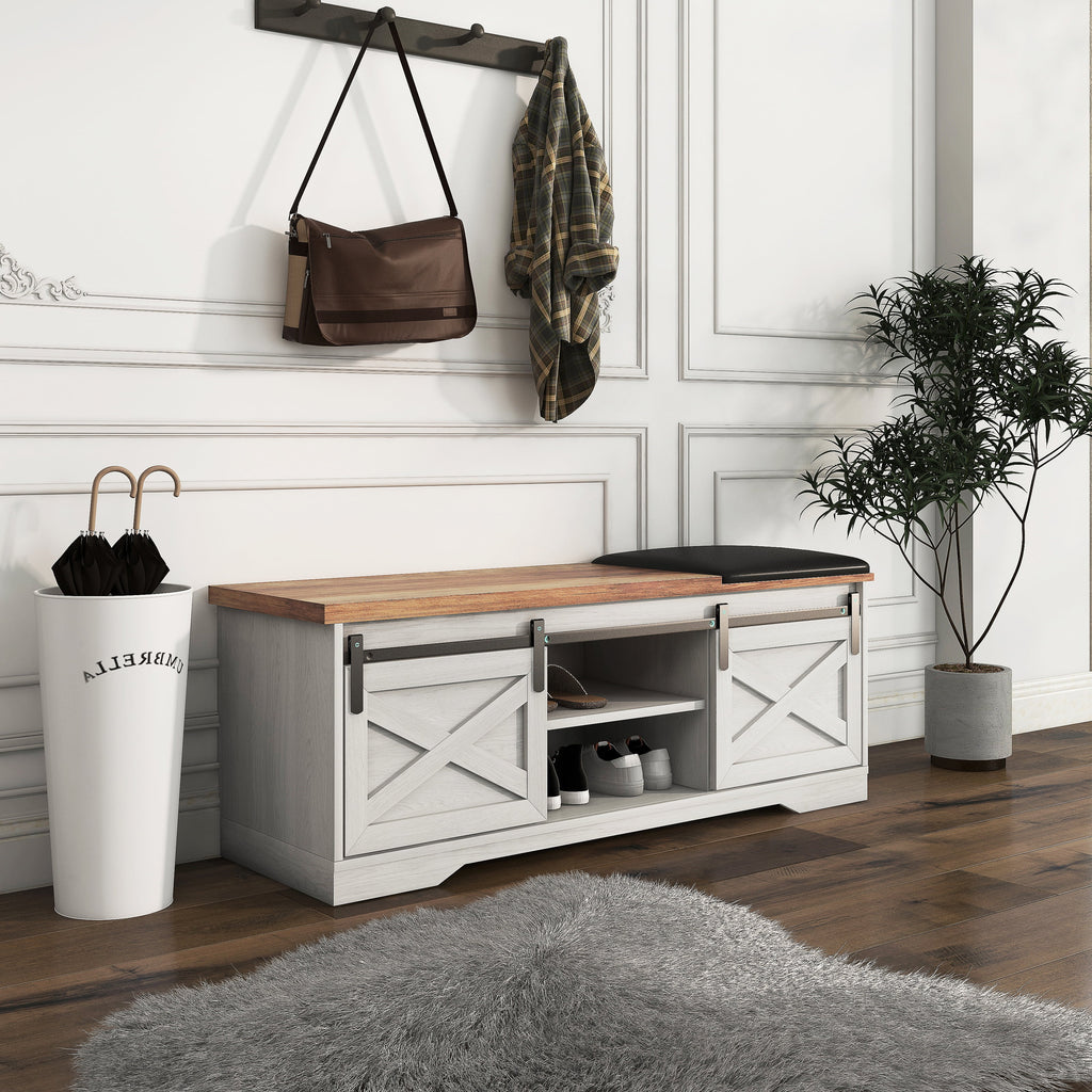 White 47-inch Shoe Storage Bench with Sliding Barn Door W34982