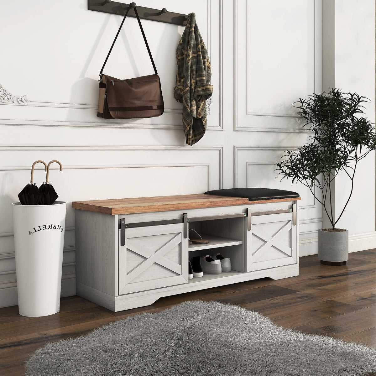White 47-inch Shoe Storage Bench with Sliding Barn Door W34982