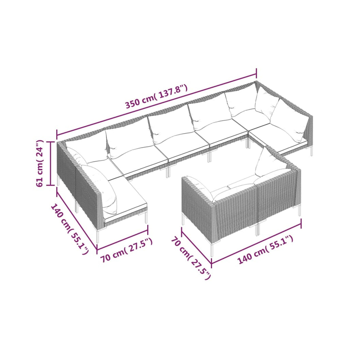 9 Piece Poly Rattan Patio Set with Cushions Dark Gray Z86515