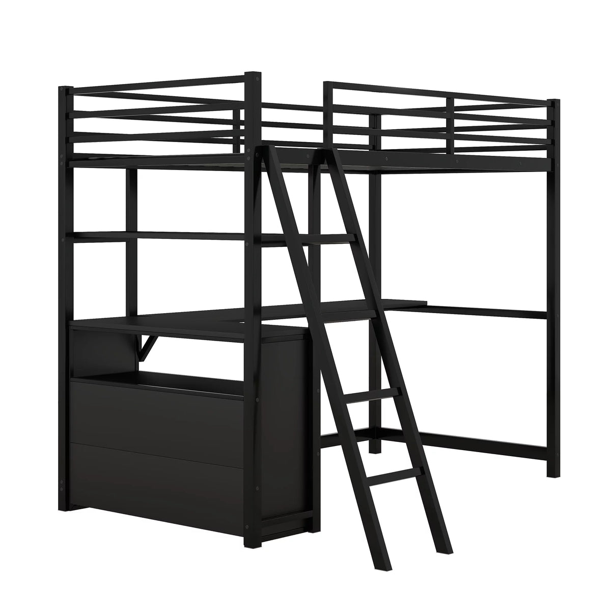 Twin Size Metal Wood Loft Bed with Desk Shelf and Drawers Black S342455