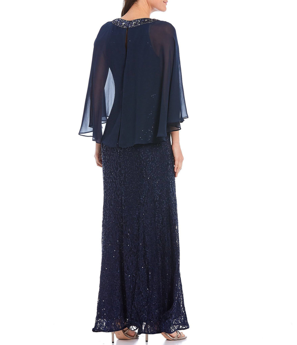 Sequin Lace Chiffon Capelet Gown Q2878