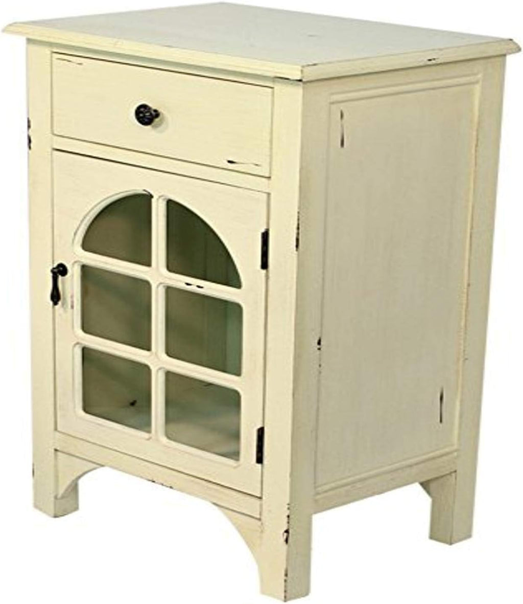 Light Gray Single Drawer Distressed Cabinet with Cathedral Glass Window Inserts N490137