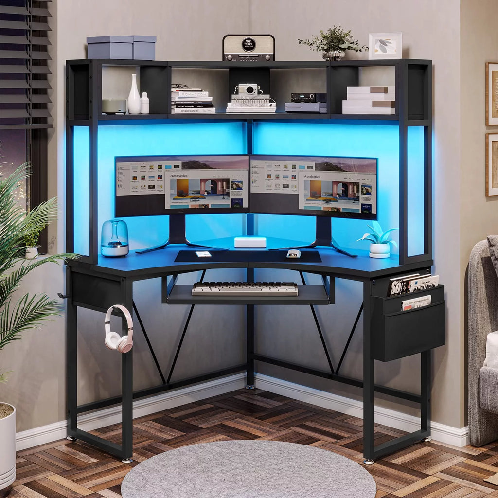 Black Corner Desk with Hutch and LED Lights Q421859
