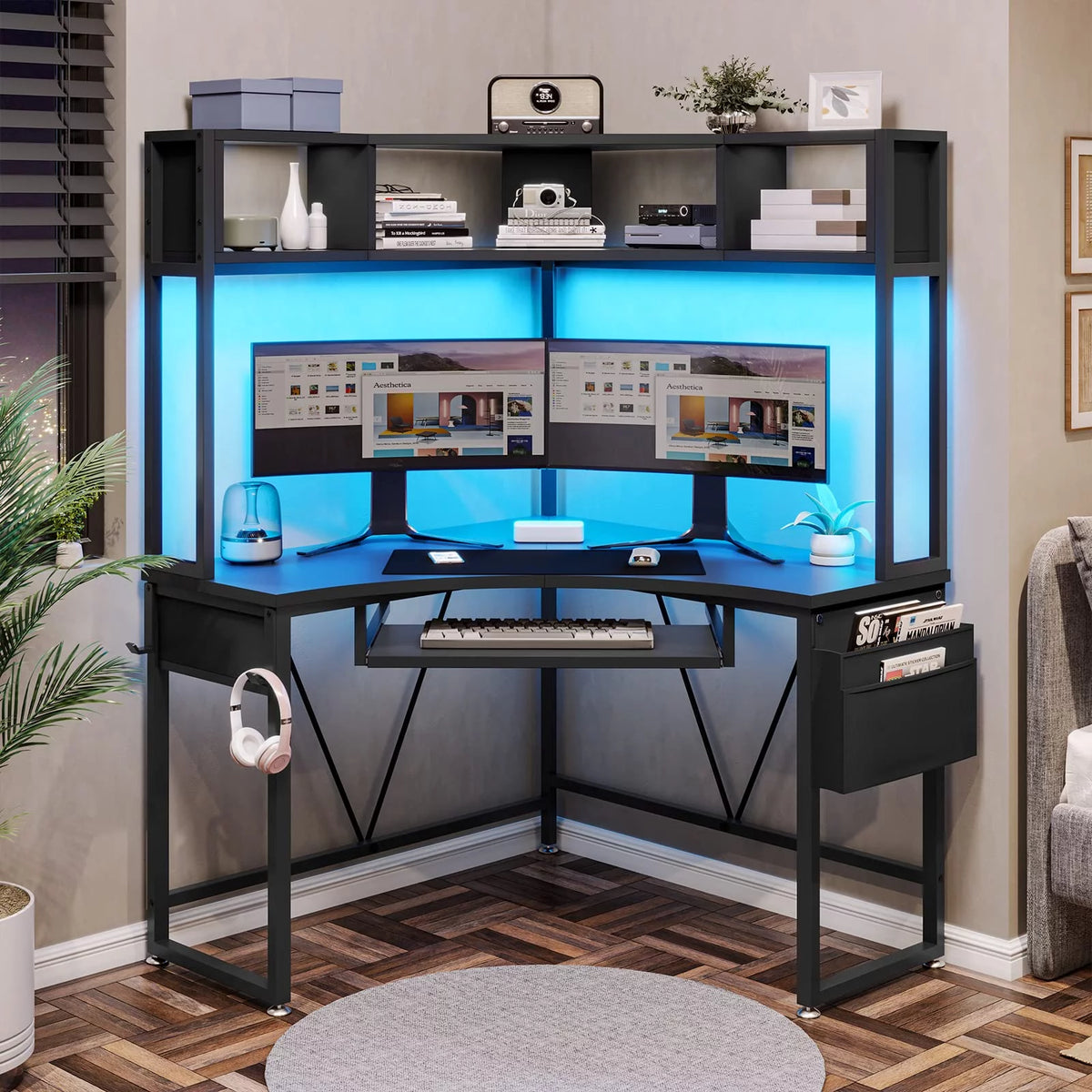 Black Corner Desk with Hutch and LED Lights Q421859