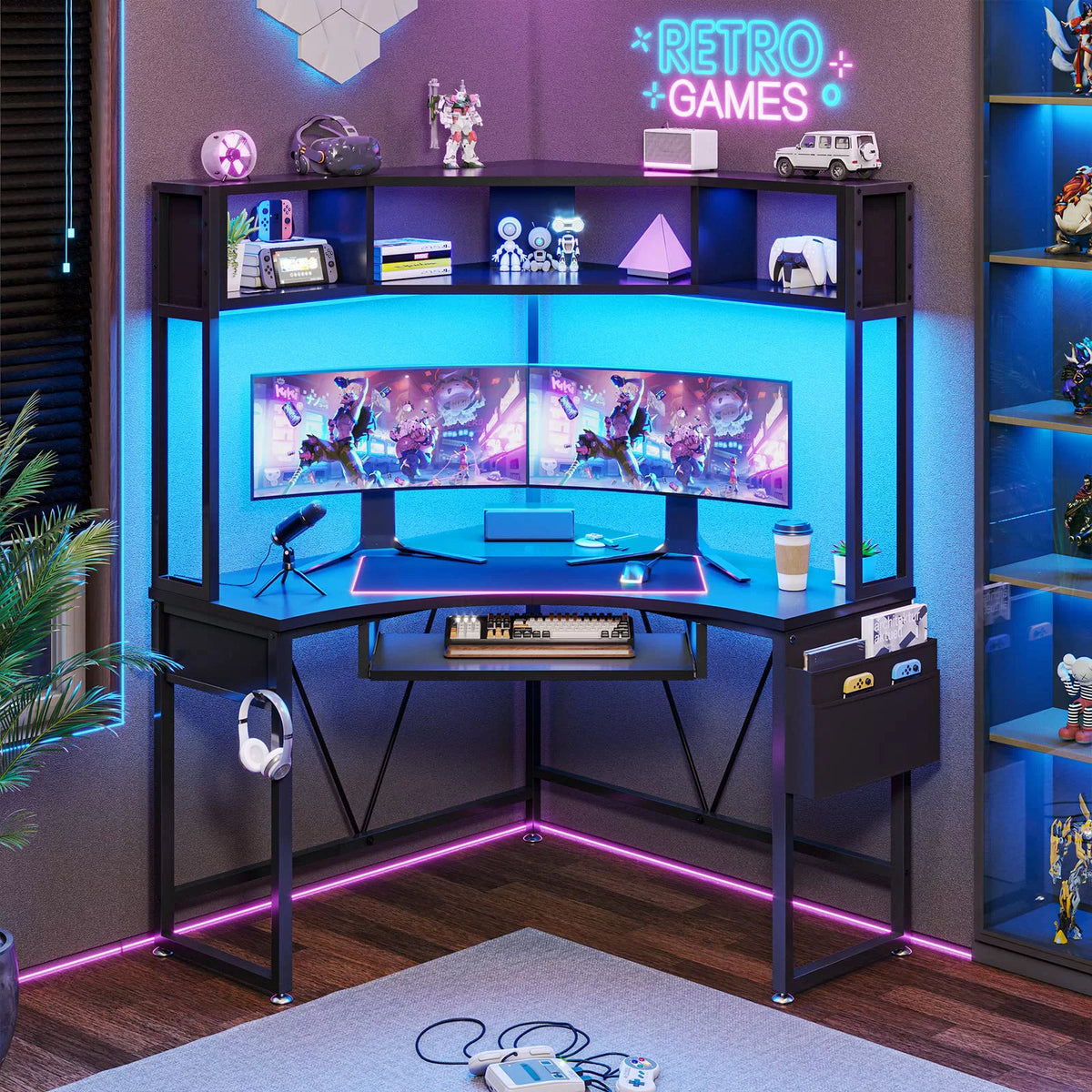 Black Corner Desk with Hutch and LED Lights Q421859
