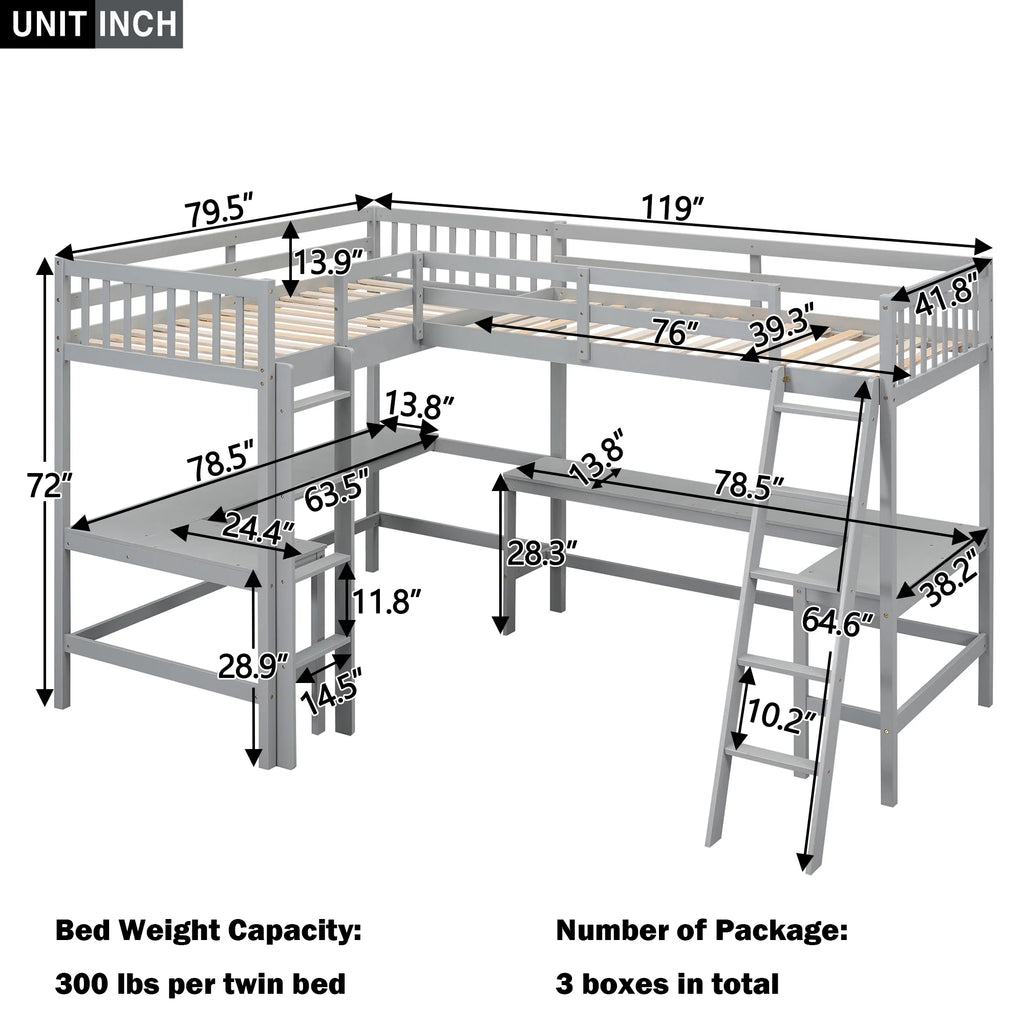 Twin Size L-Shaped Loft Bed with Desk, Ladder and Guardrails D820
