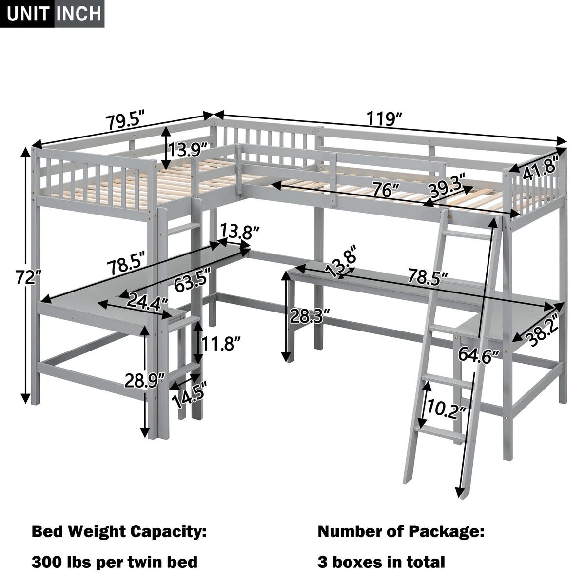 Twin Size L-Shaped Loft Bed with Desk, Ladder and Guardrails D820