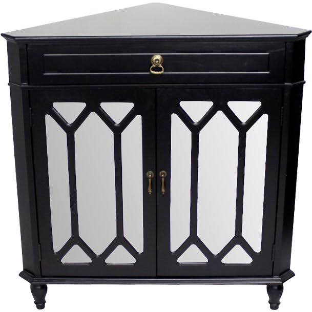 Black Wood Corner Cabinet with Drawer and Glass Doors C958