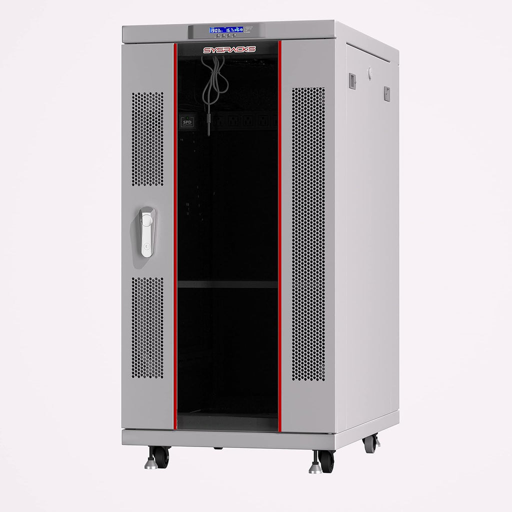 18U Locking Server Rack Cabinet with Casters, Shelf, Cooling Fan, Thermostat, PDU, Light Grey T7100