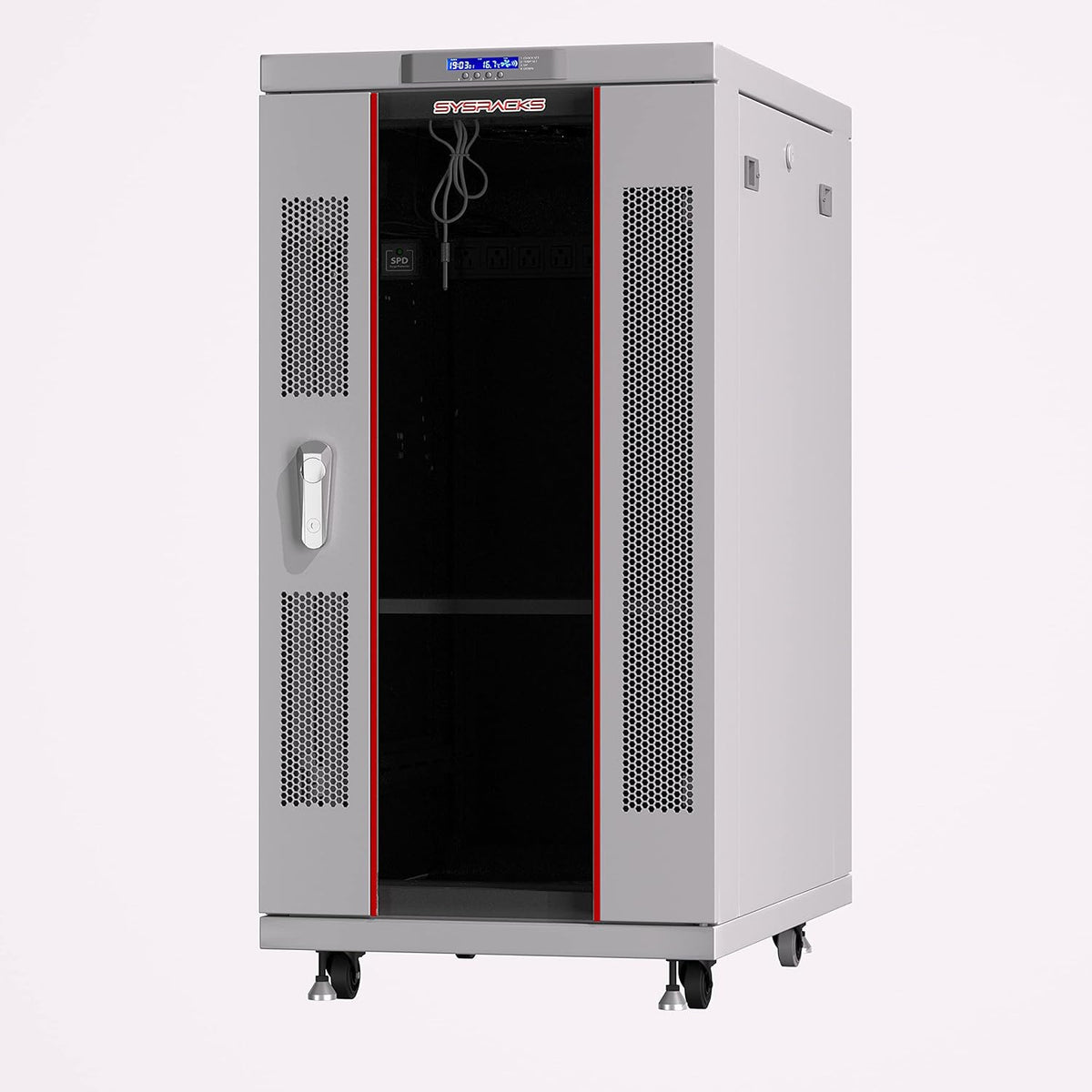 18U Locking Server Rack Cabinet with Casters, Shelf, Cooling Fan, Thermostat, PDU, Light Grey T7100