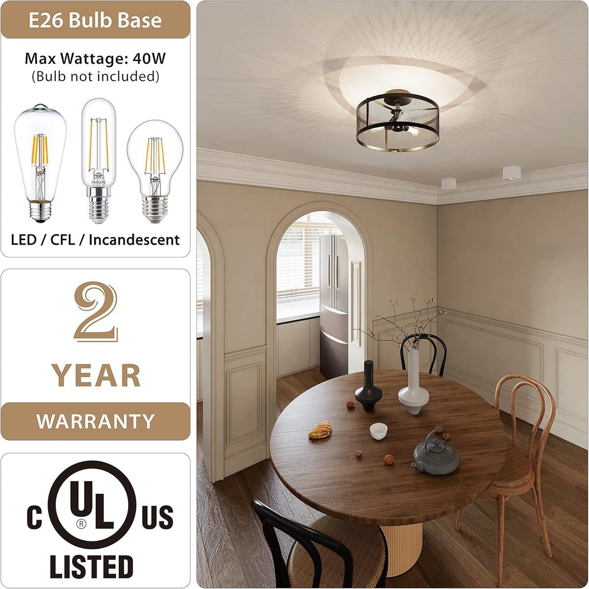 Industrial 3-Light Metal Cage Semi Flush Mount Ceiling Light Black Finish V852