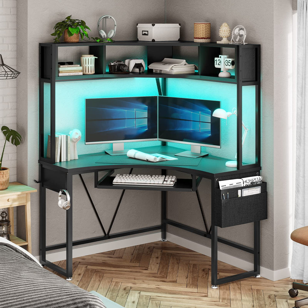 Black Corner Desk with Hutch and LED Lights Q421859