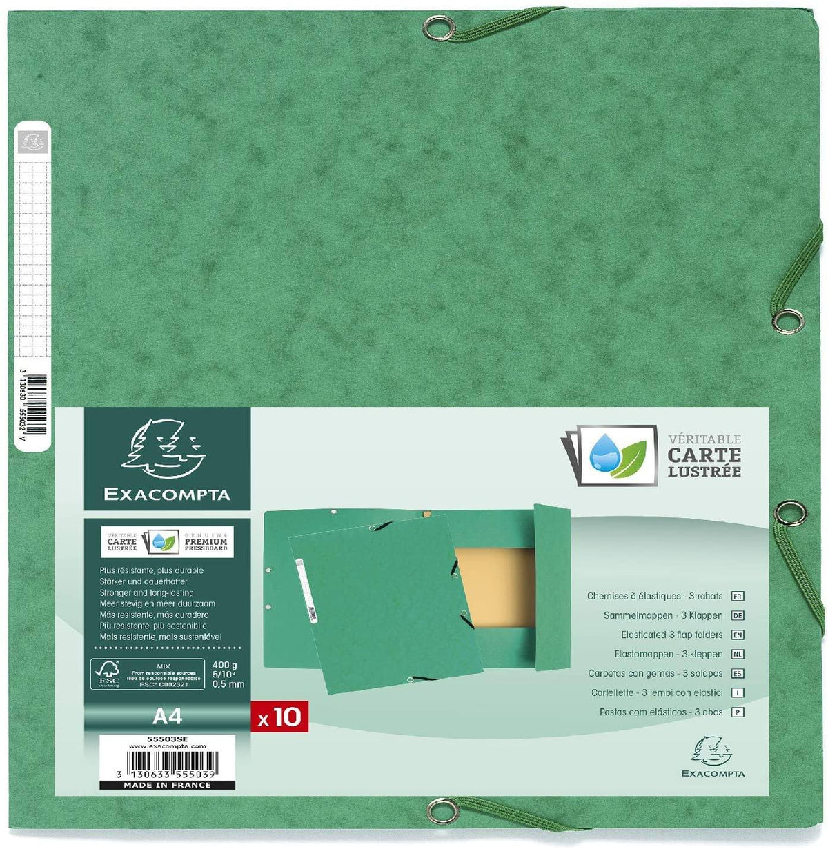 Pack of 10 Elastic Folders 3 Flaps Glossy Card 400 GSM A4 Green T277