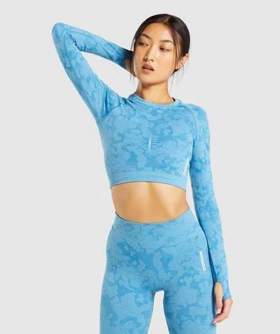 Blue Seamless Long Sleeve Crop Top O385