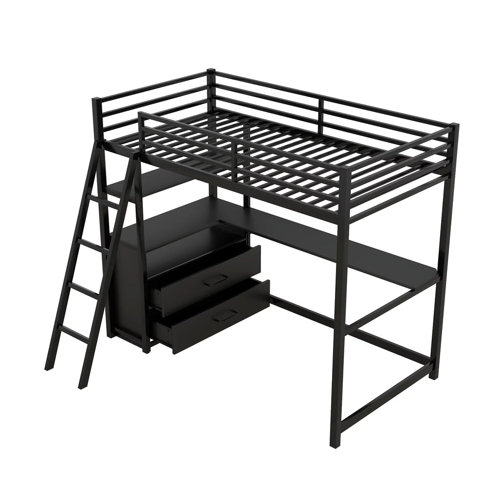 Twin Size Metal Wood Loft Bed with Desk Shelf and Drawers Black S342455