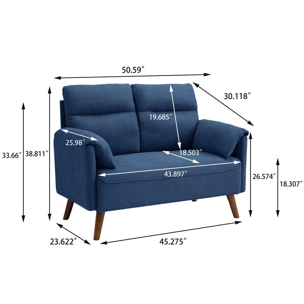 Blue Linen Fabric 2-Seat Loveseat Sofa with Back Cushions and Wood Legs D240