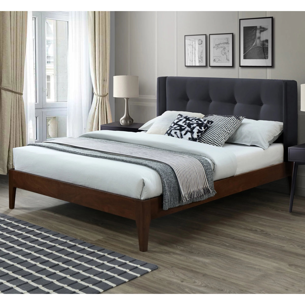 Queen Size Charcoal Fabric Upholstered Platform Bed Frame J739