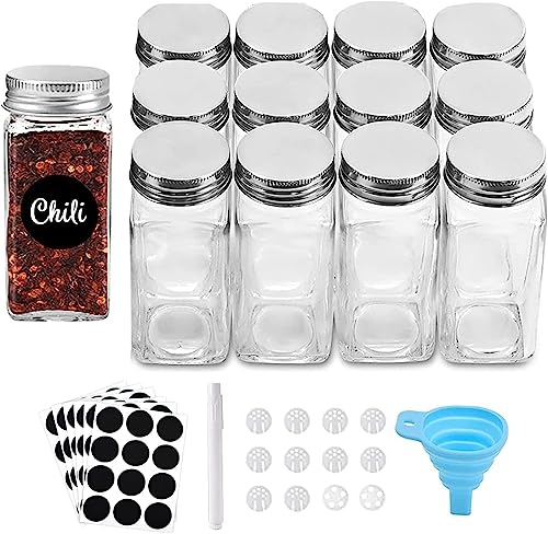 12 Pcs 4oz Empty Square Glass Spice Jars with Airtight Metal Caps and Shaker Lids N376