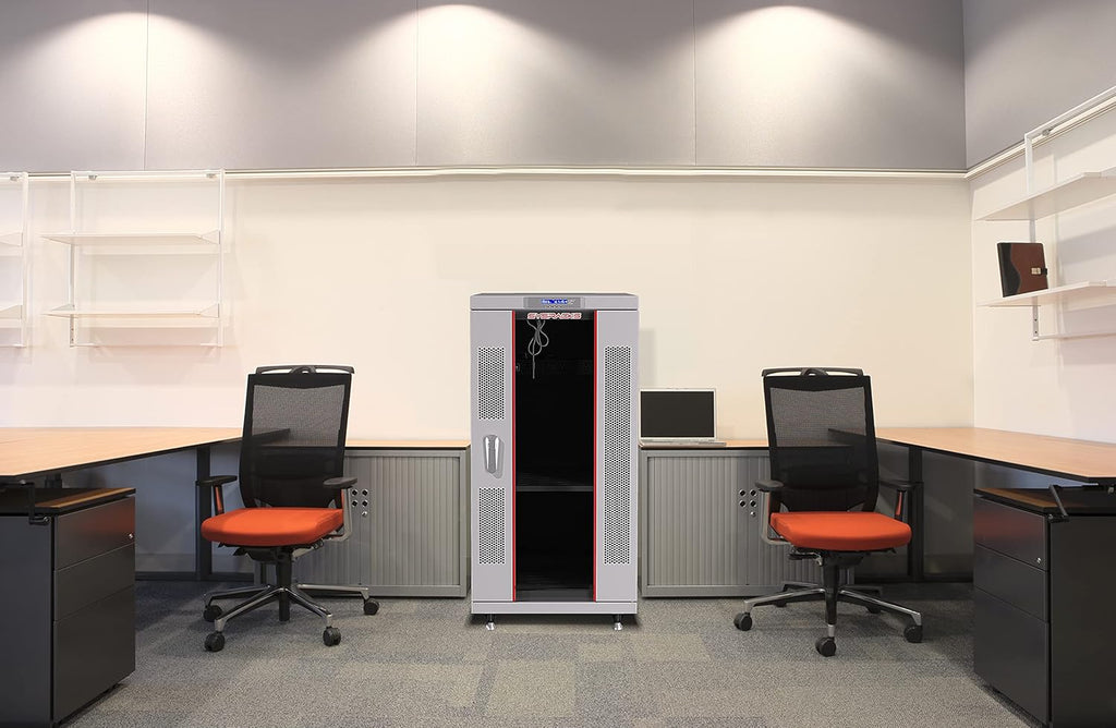 18U Locking Server Rack Cabinet with Casters, Shelf, Cooling Fan, Thermostat, PDU, Light Grey T7100