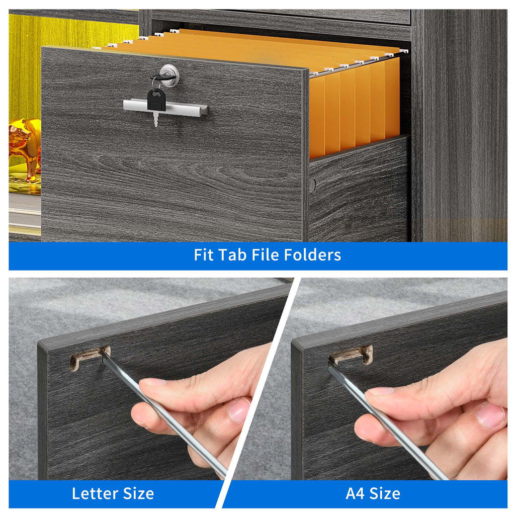 3 Drawer File Cabinet with Charging Station Lock LED Light Black J807372
