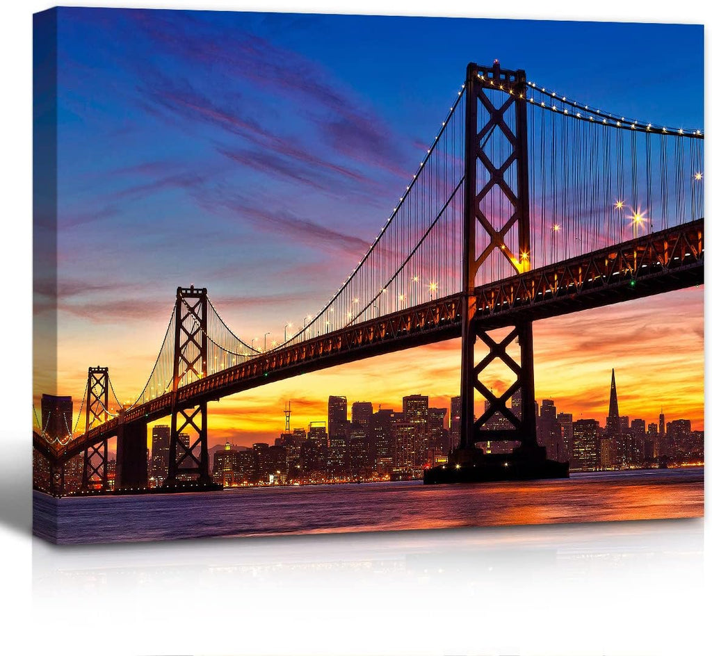 Golden Gate Bridge Canvas Prints Wall Art Sunset City Sea Landscape Poster Paintings, Ready to Hang N31115