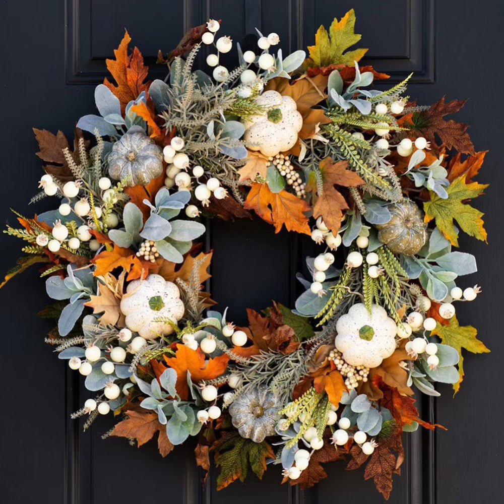 18" Artificial Fall Wreath with Pumpkins Berry Maples Leaves S334315