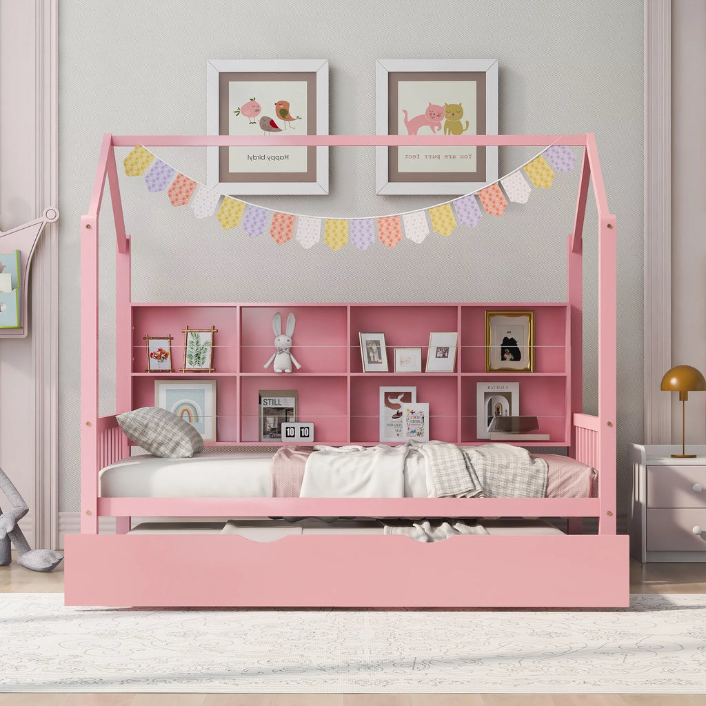 Wooden Twin Size House Bed with Trundle and Shelf X356