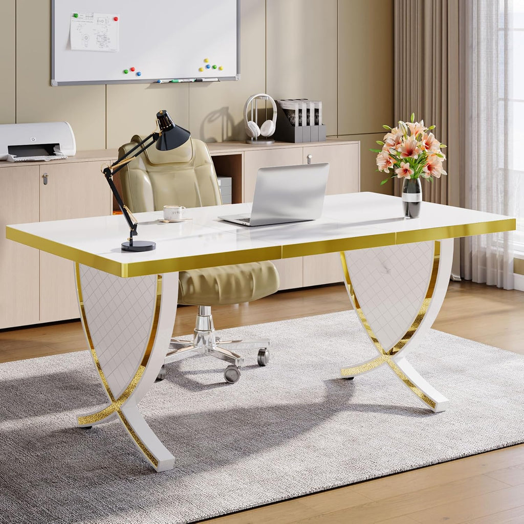 White & Gold 63" Glossy Computer Desk W755301