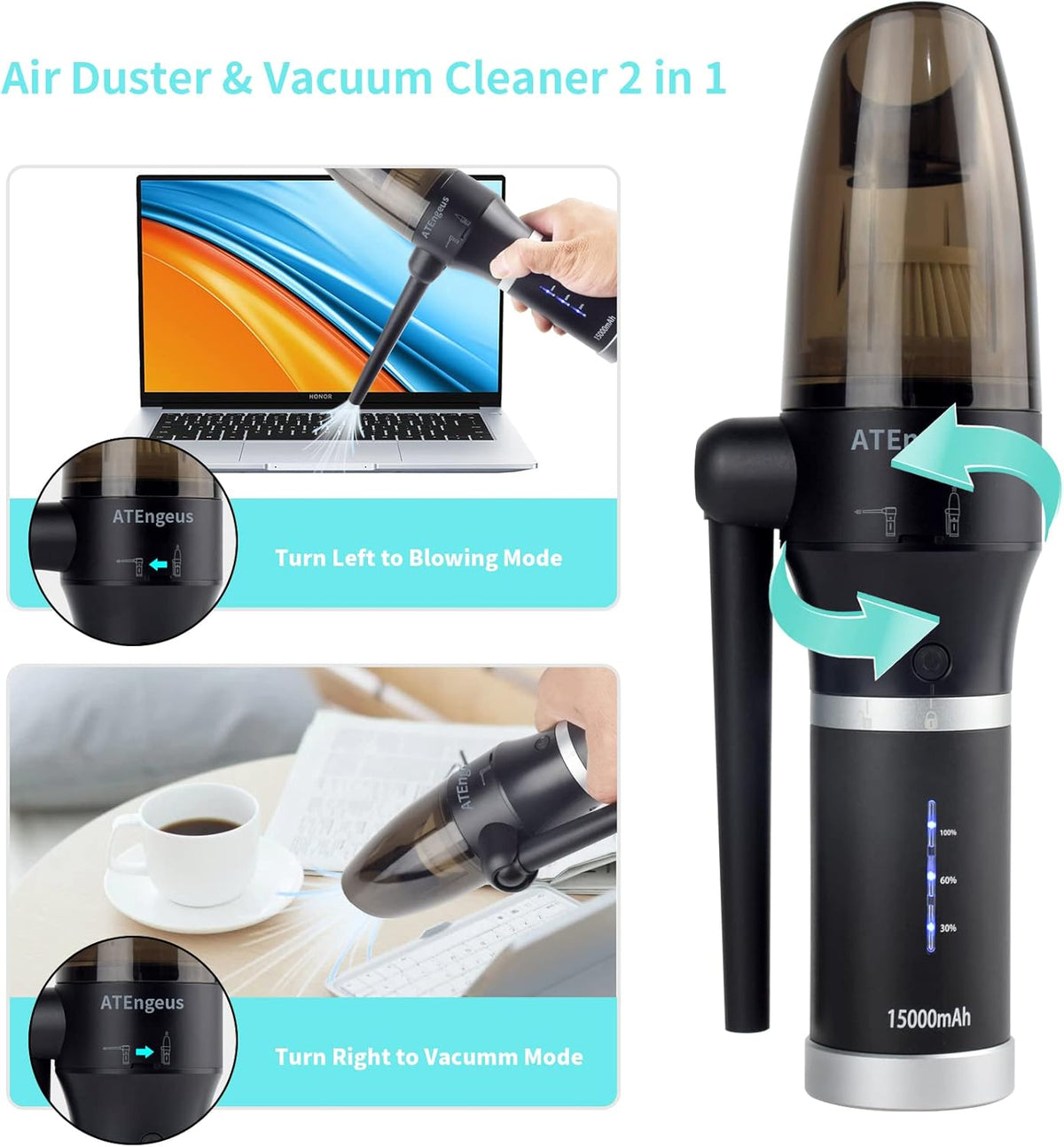 3 in1 Cordless Compressed Air Duster & Vacuum, 77000 RPM, Handheld Air Blower, Type C Fast Charging W3555