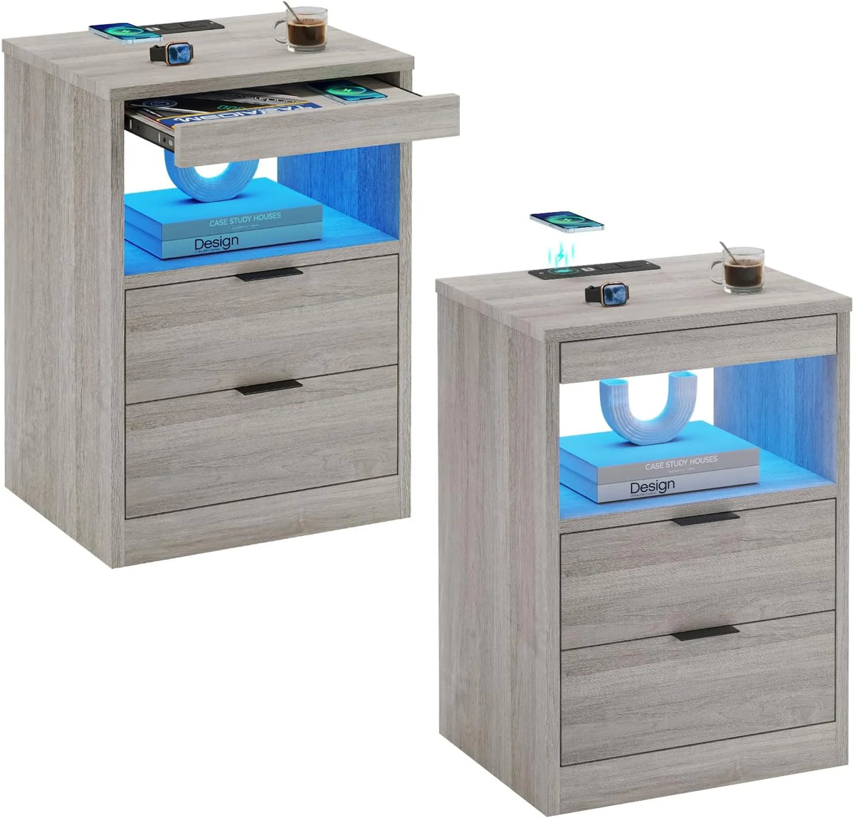 Set of 2 Black LED Nightstand with Wireless Charging Station & 2 Drawers J474
