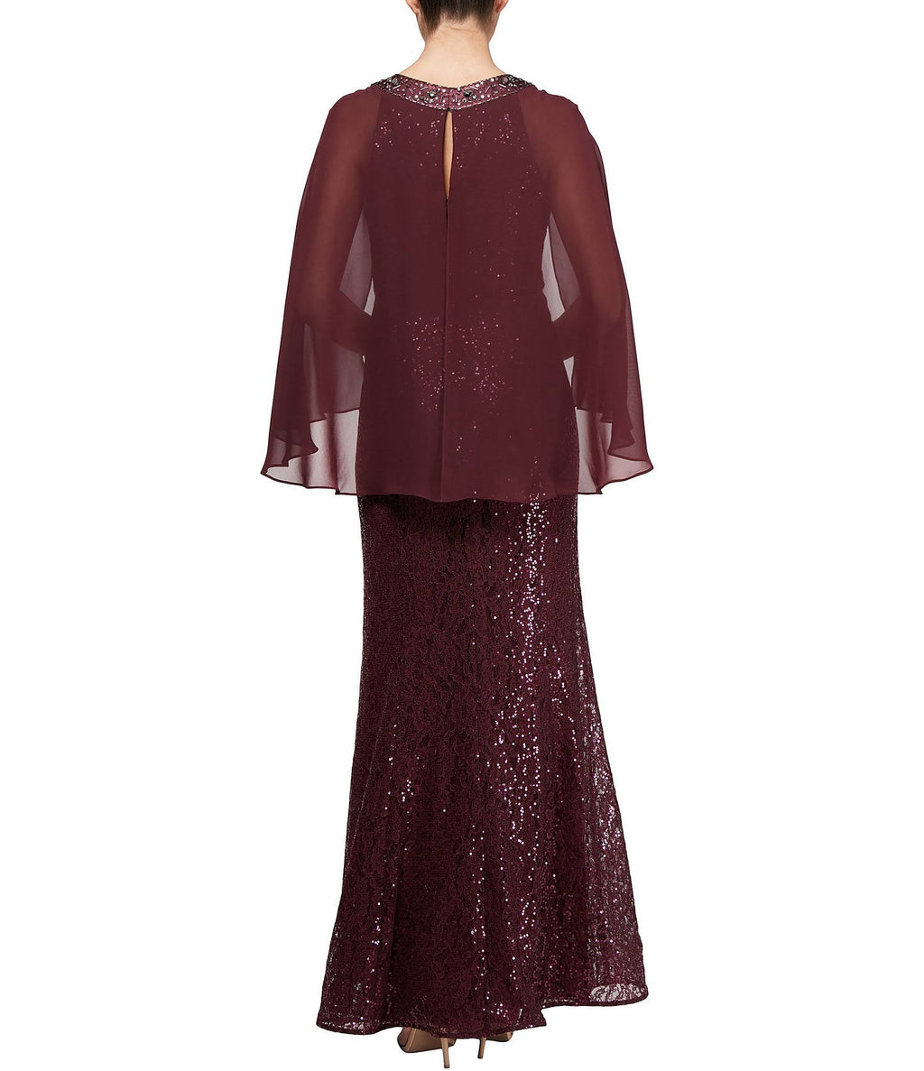 Sequin Lace Chiffon Capelet Gown Q2878