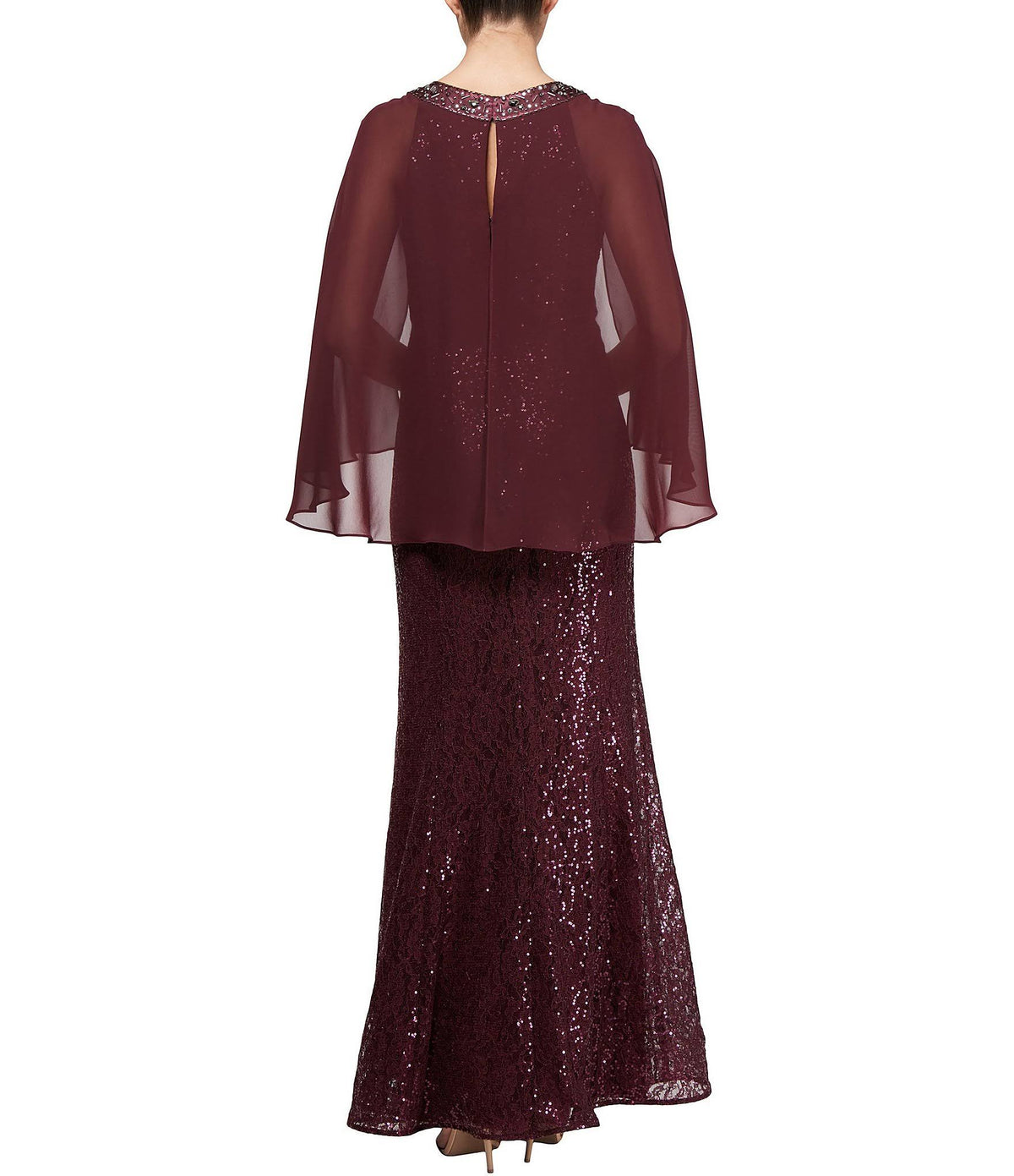 Sequin Lace Chiffon Capelet Gown Q2878