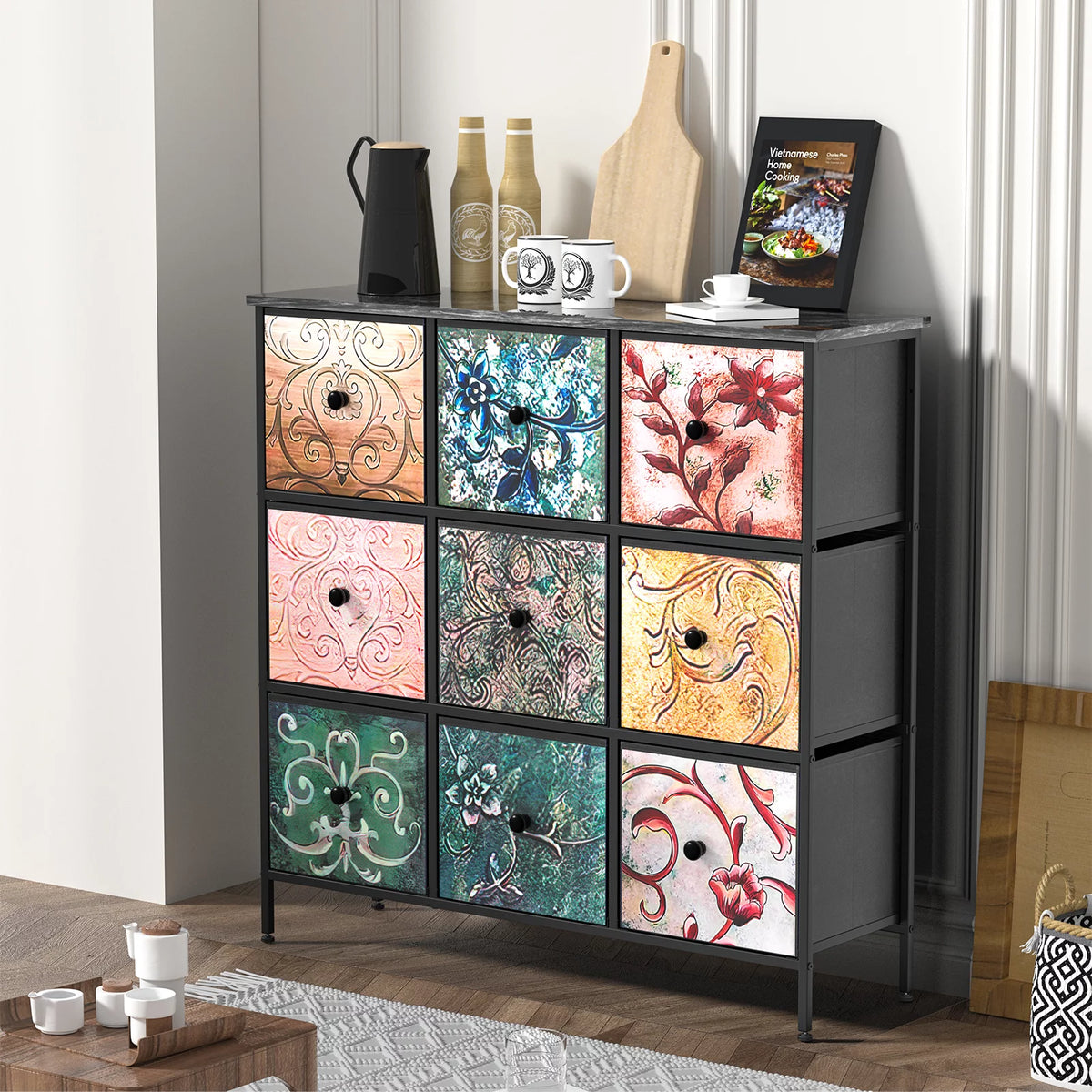 Black 9 Drawer Dresser with Steel Frame and Wood Top Z989