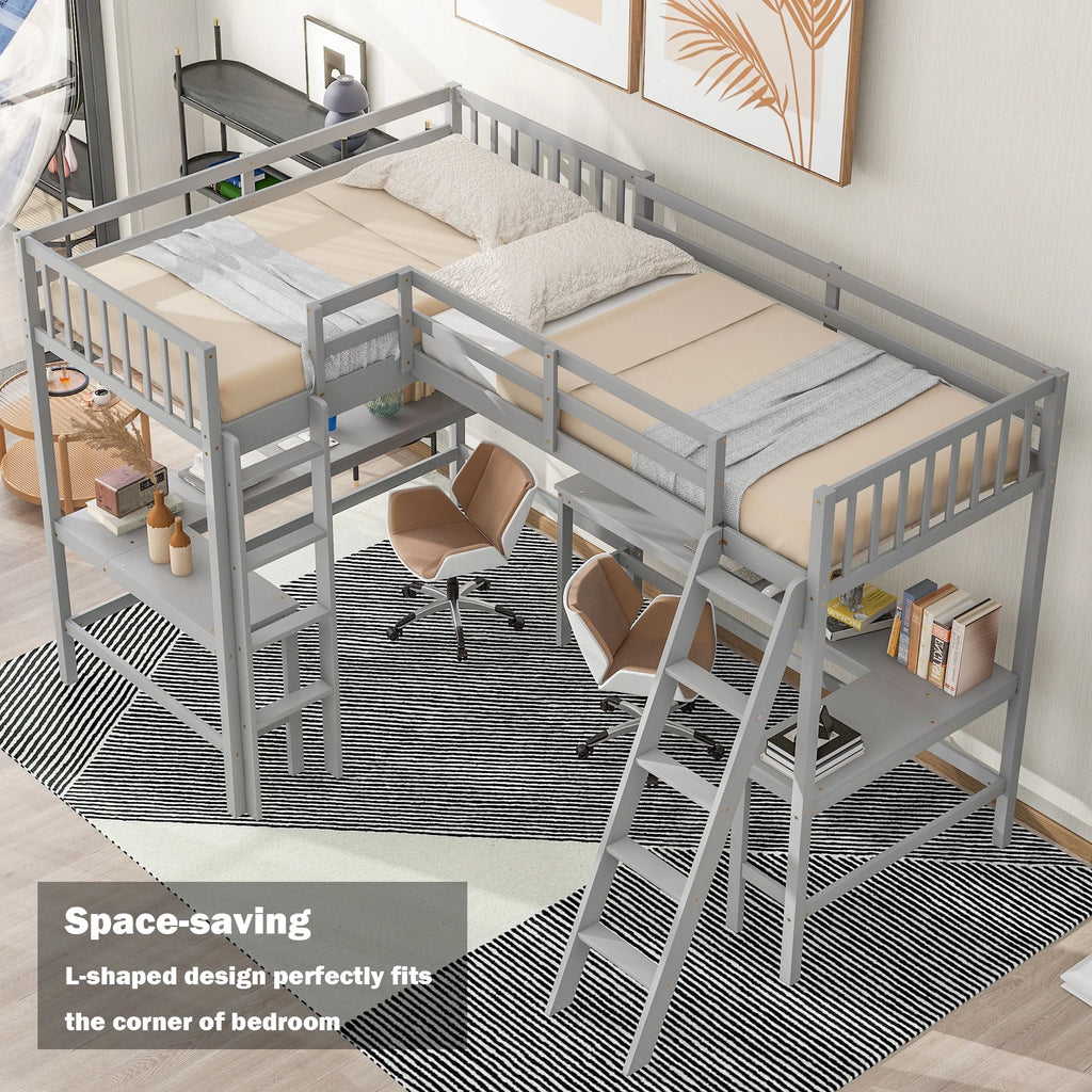Twin Size L-Shaped Loft Bed with Desk, Ladder and Guardrails D820