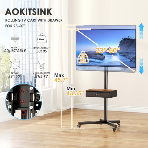 Rolling TV Stand with Power Outlet, Adjustable Height Mobile TV Cart with Wheels B98963