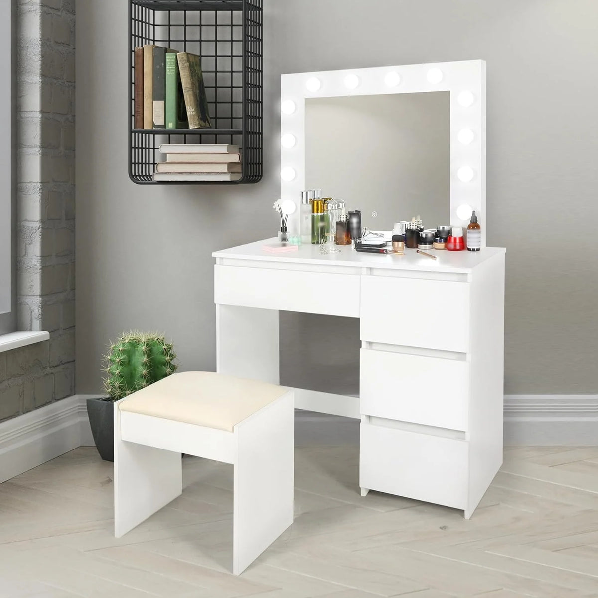 White Makeup Vanity Set with Lights, 4 Drawers and Cushioned Stool W704953