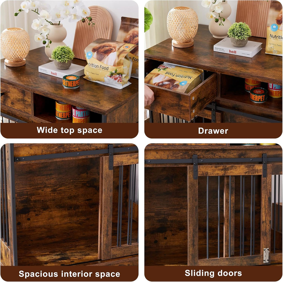 Rustic Brown Wooden Dog Crate with Sliding Barn Door and Storage Drawers X946