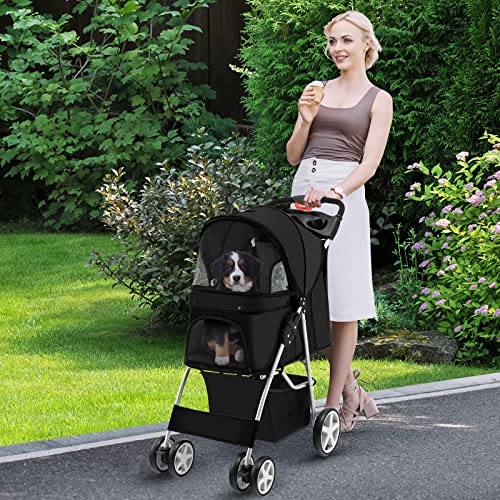 Navy Folding Pet Stroller with 4 Lockable Wheels and Removable Liner V648