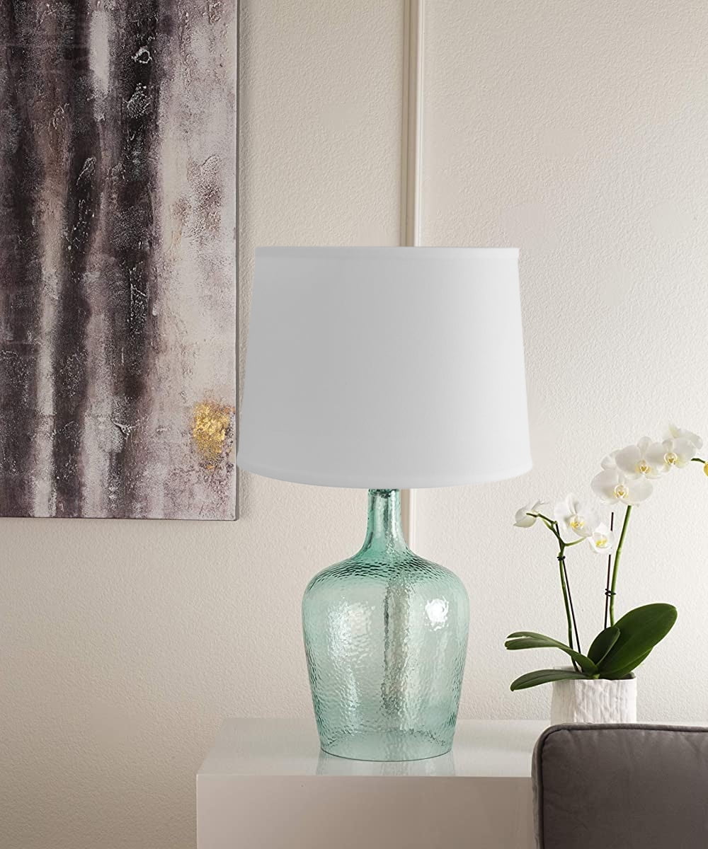 19" Hand-Blown Aqua Green Sea Glass Table Lamp with White Linen Drum Shade C761