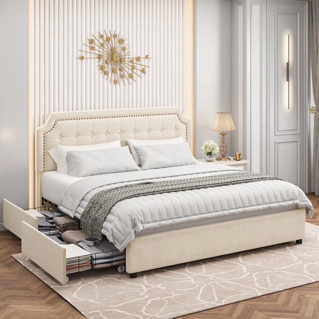 Queen Size 4 Drawer Black PU Leather Platform Bed N3083