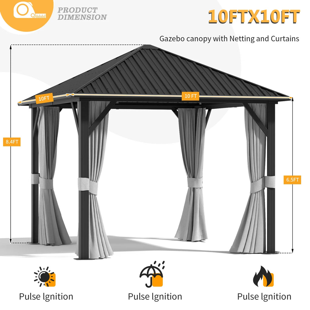 10x 10 Hardtop Gazebo with Netting and Curtain, Gray O34871