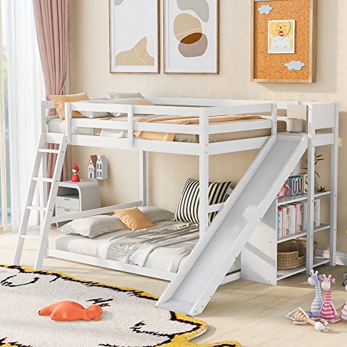 Modern Grey Wood Bunk Bed with Slide and Storage Shelves N894