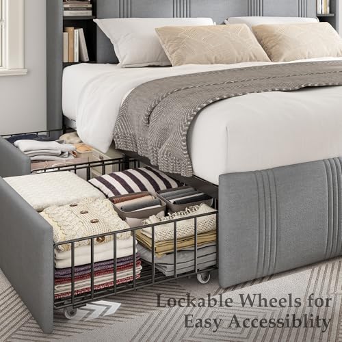 King Size Upholstered Platform Bed Frame with 4 Storage Drawers S4257