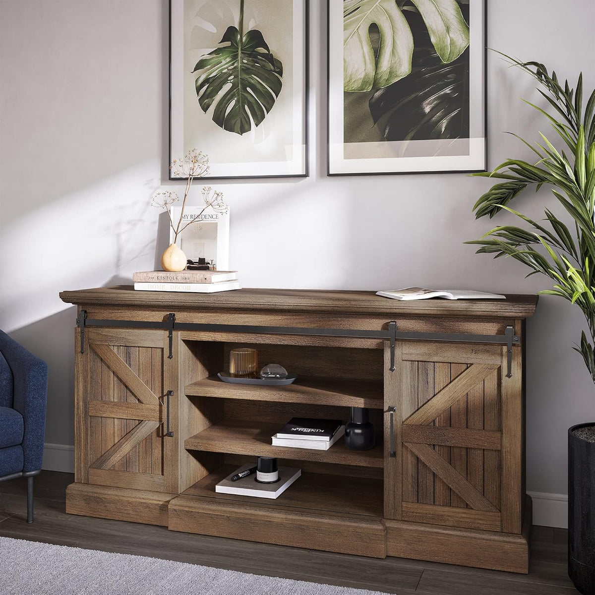 Modern Farmhouse TV Stand with Adjustable Shelves and Barn Doors V9920