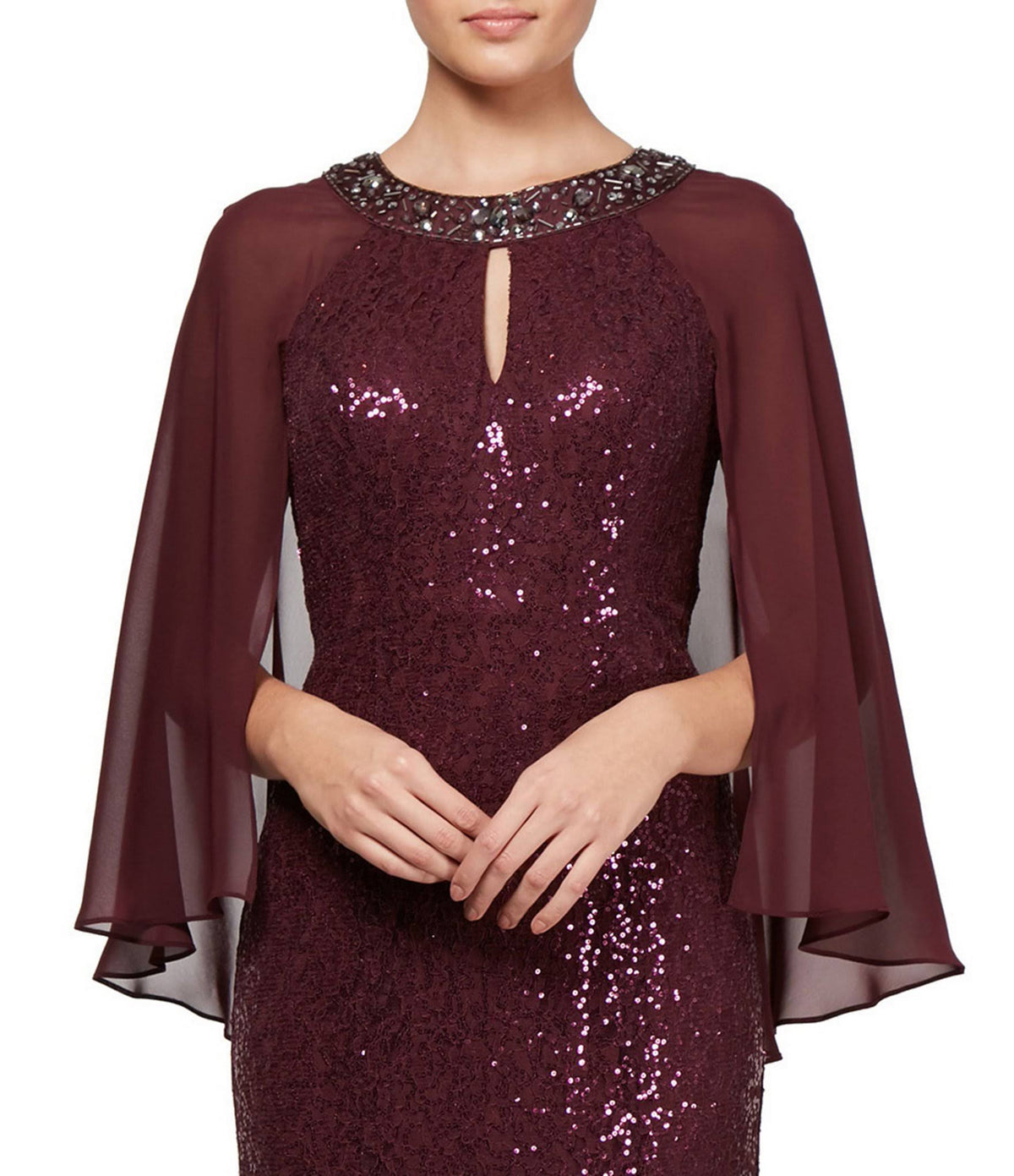 Sequin Lace Chiffon Capelet Gown Q2878