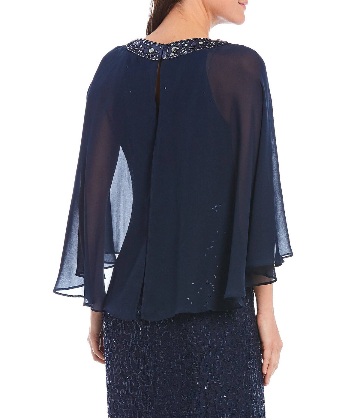 Sequin Lace Chiffon Capelet Gown Q2878