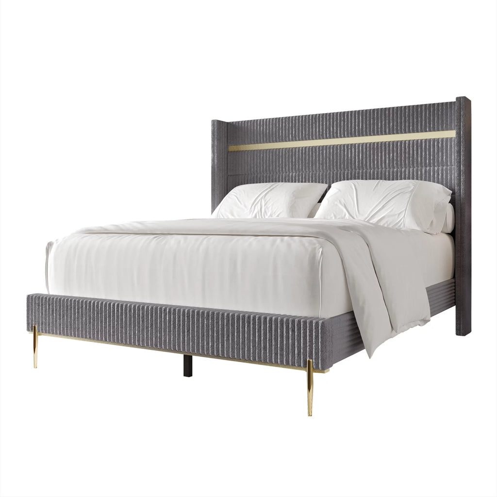Gold PU Strip Wingback Velvet Upholstered Bed Black, Full C1777