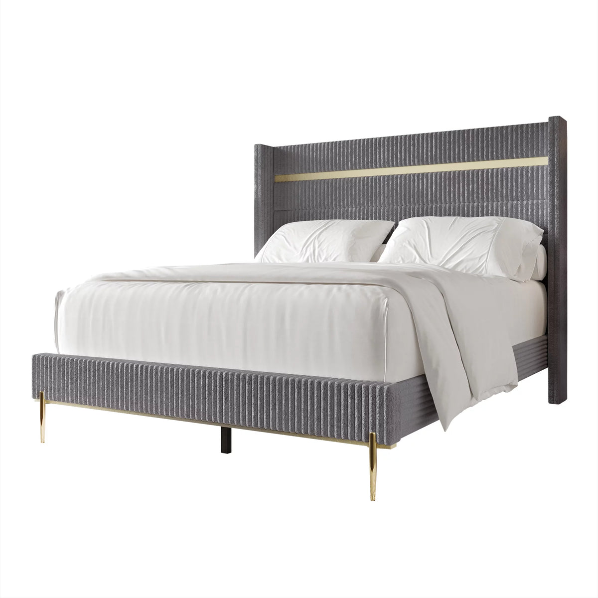 Gold PU Strip Wingback Velvet Upholstered Bed Black, Full C1777