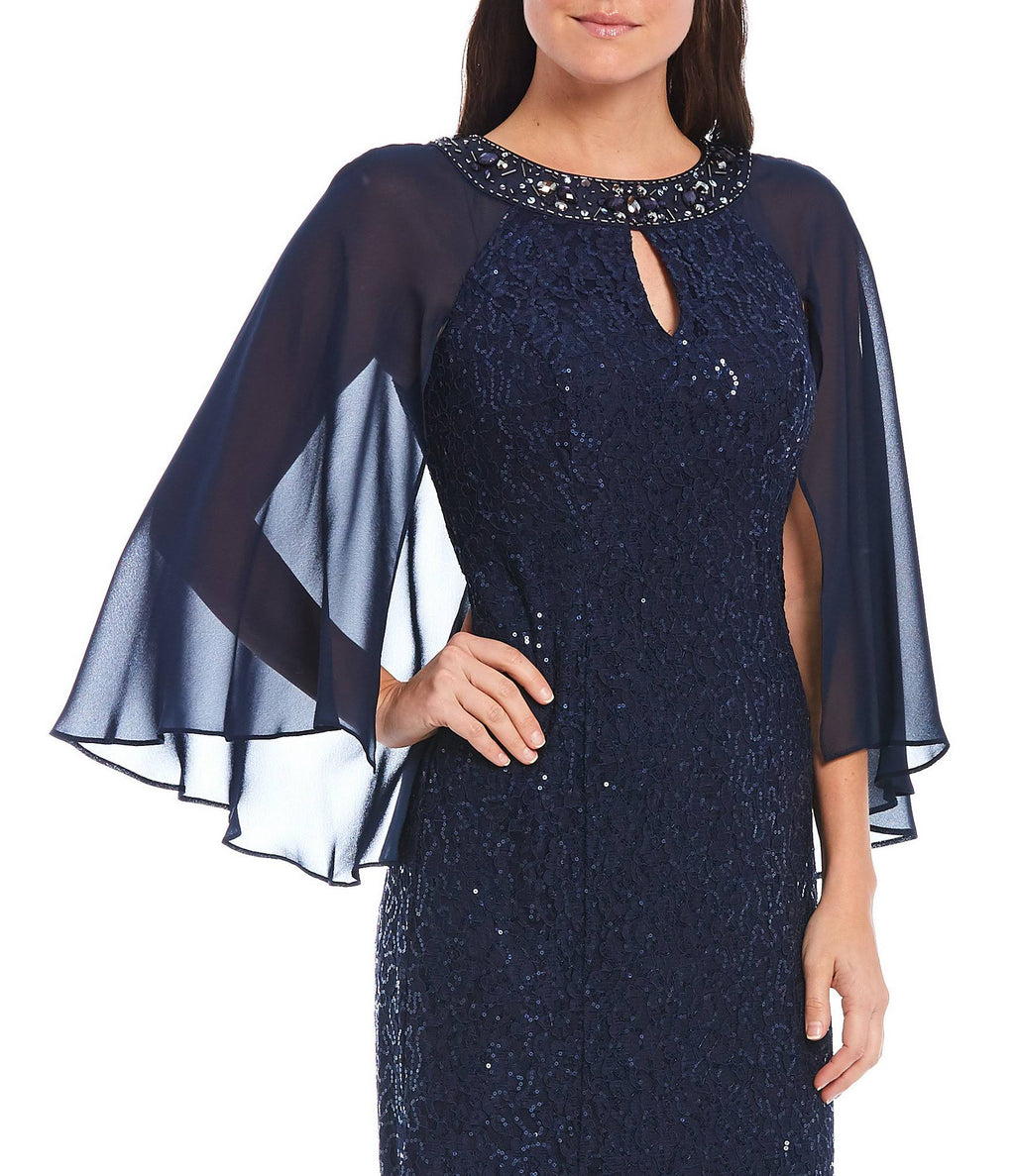 Sequin Lace Chiffon Capelet Gown Q2878
