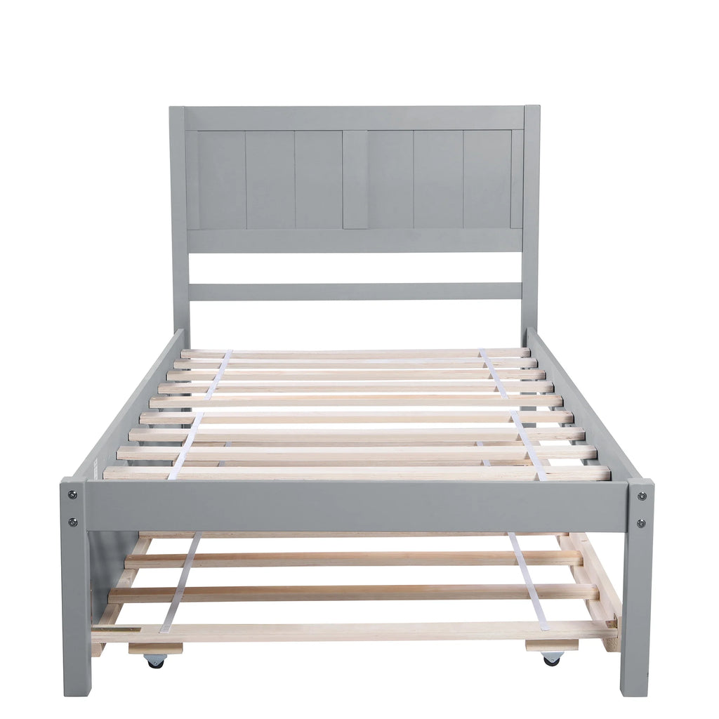 Twin Size Wood Platform Bed with Trundle and Headboard A1675